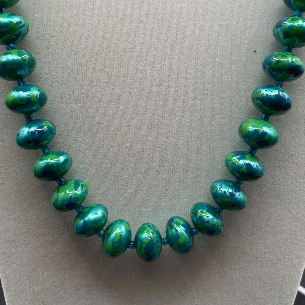 Vintage Green Classic Fashion Bezel Glass Chrysocolla Beaded Statement Necklace - Picture 6 of 10